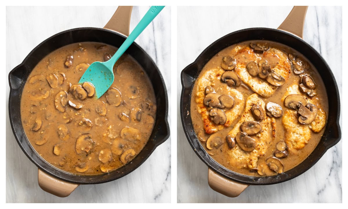 A skillet with madeira wine sauce next to a skillet with chicken being added.
