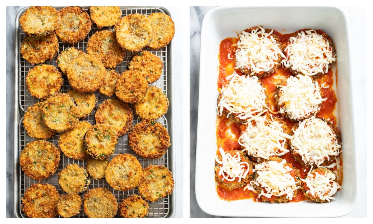 Fried eggplant slices next to a casserole dish with mozzarella on top of fried eggplant to assemble Eggplant Parmesan.
