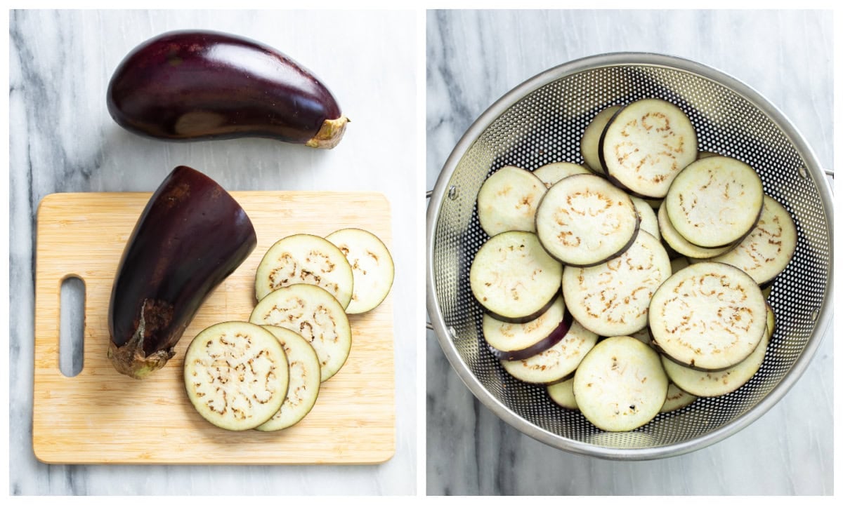 Slices of eggplant on a cutting board next to a colander of salted sliced eggplant.