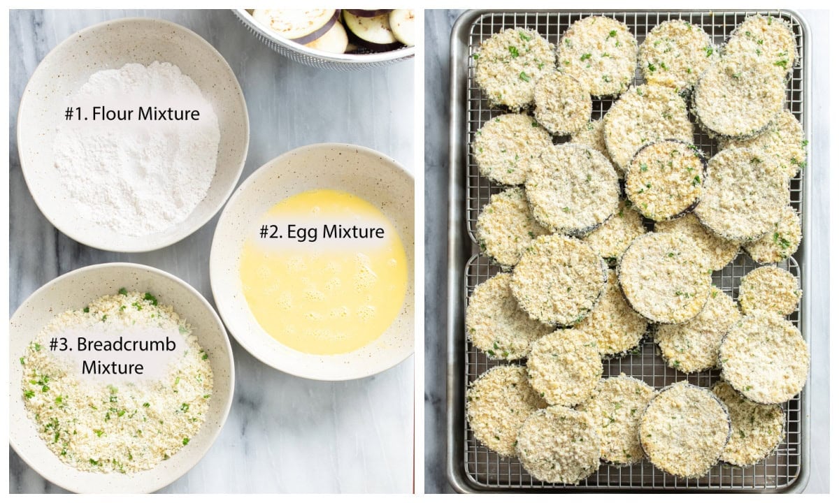 A breading station of flour, egg, and breadcrumbs next to breaded slices of eggplant for eggplant parmesan.