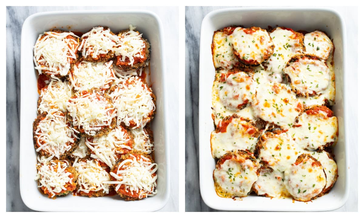 Eggplant Casserole in a baking dish before and after being baked.