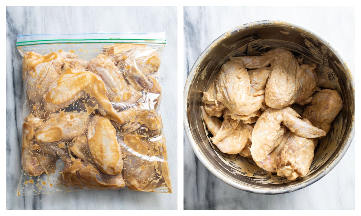 A bag of marinated chicken wings next to a big bowl of marinated chicken wings.