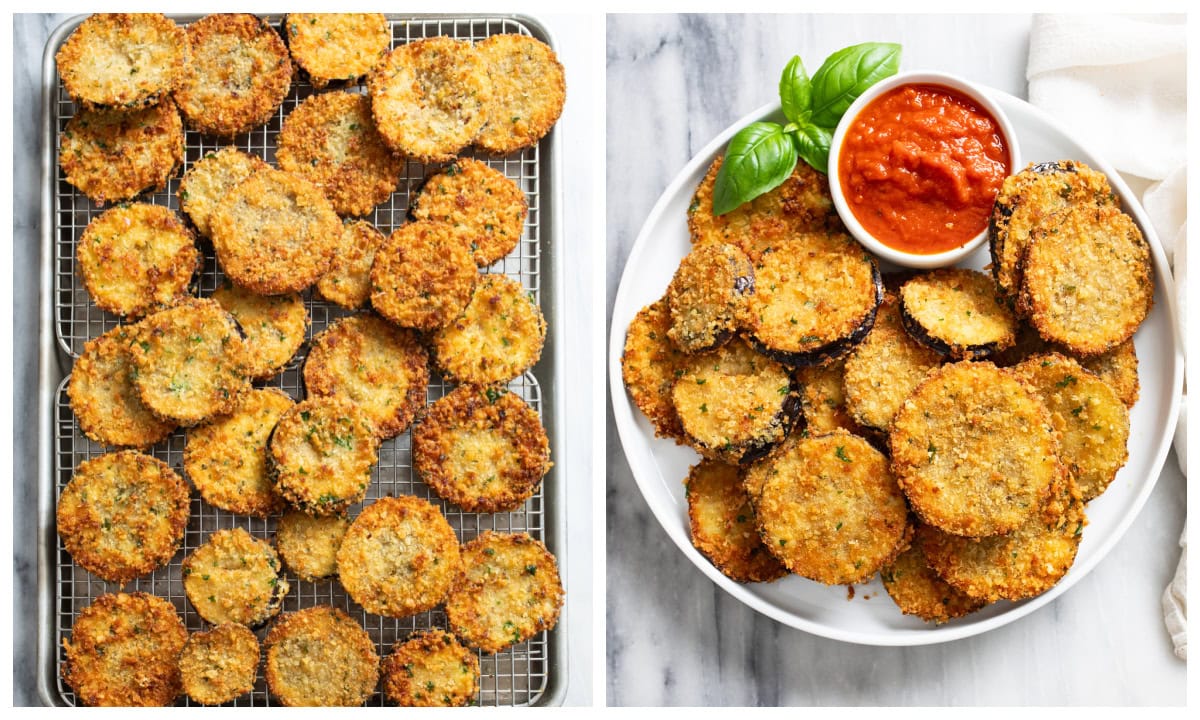 Fried Eggplant slices on cooling racks next to a white plate with marinara sauce and fresh basil.