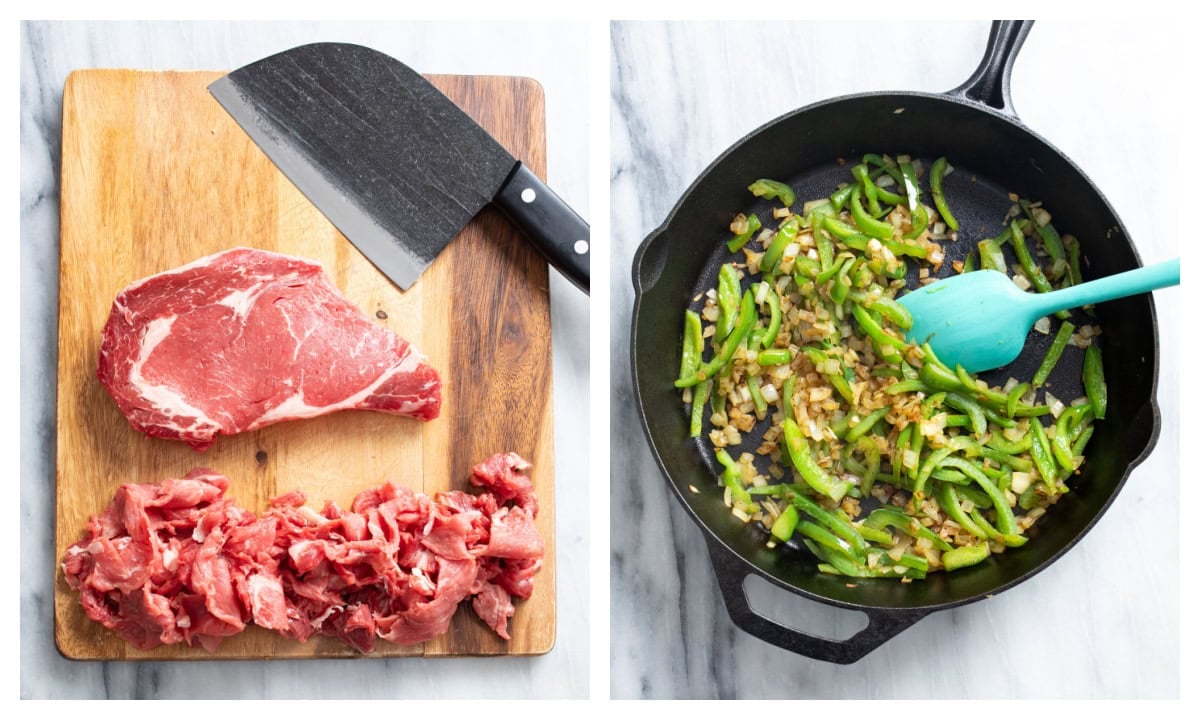 A cutting board with a ribeye steak and slices of thinly cut steak next to a skillet of cooked onions and peppers.