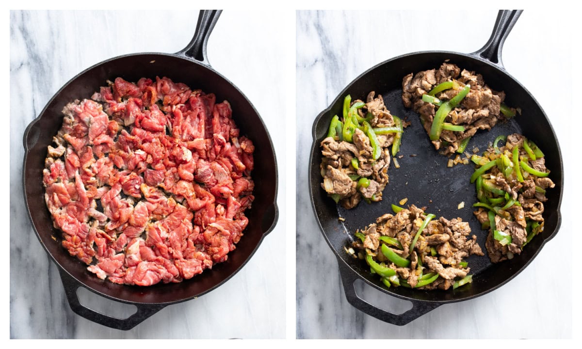 A skillet of thinly slices, uncooked ribeye next to a skillet of cooked beef, onions, and peppers.