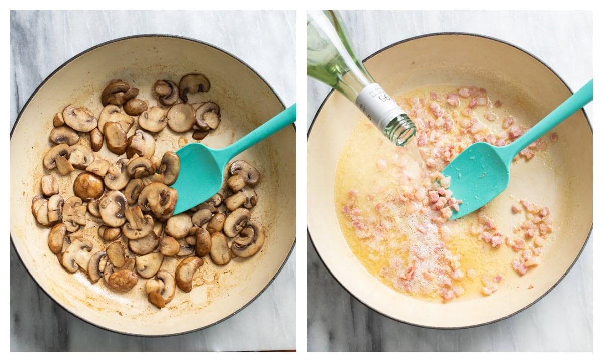A skillet with cooked mushrooms next to a skillet with cooked pancetta, garlic, butter, and wine.