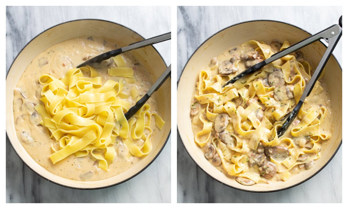 Adding pasta to a skillet of truffle sauce to make Truffle Pasta.