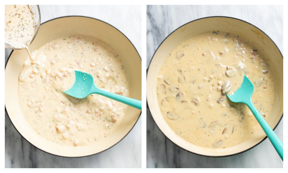 Making a creamy truffle sauce with pancetta, mushrooms, and Parmesan cheese.