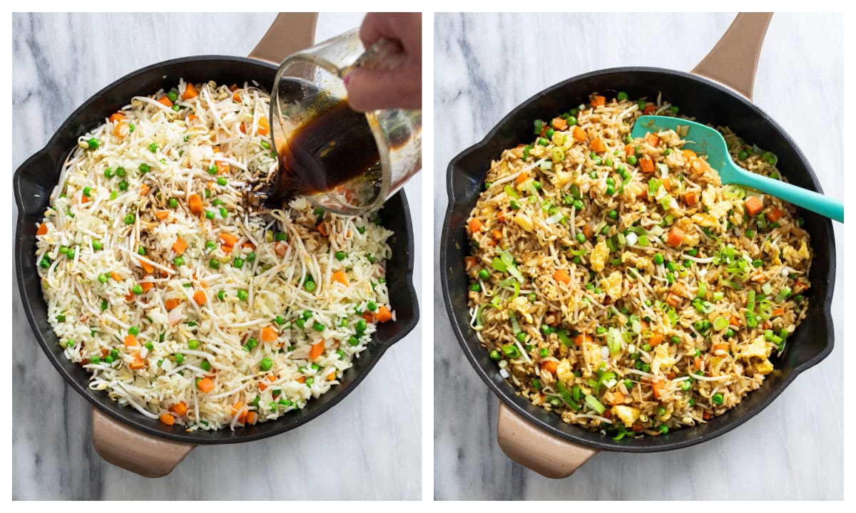 A skillet of fried rice with sauce being added next to a skillet of finished fried rice.