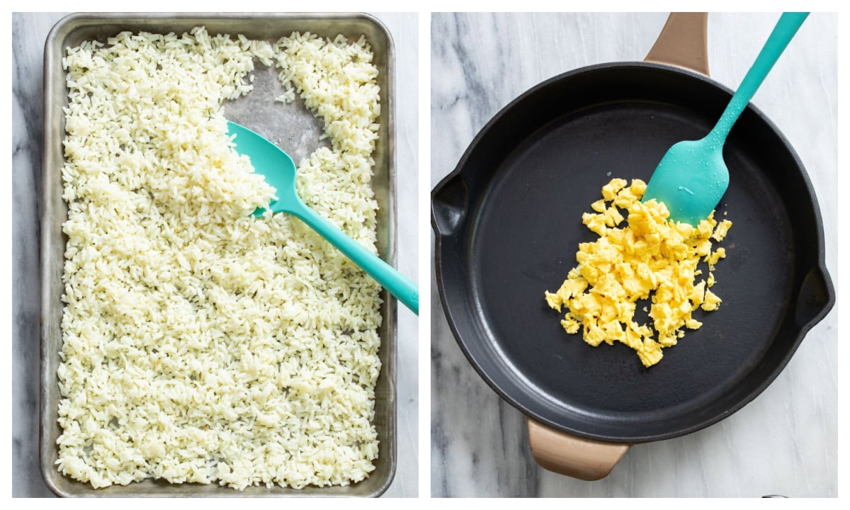 A tray of cooked white rice next to a skillet with scrambled eggs to make vegetable fried rice.