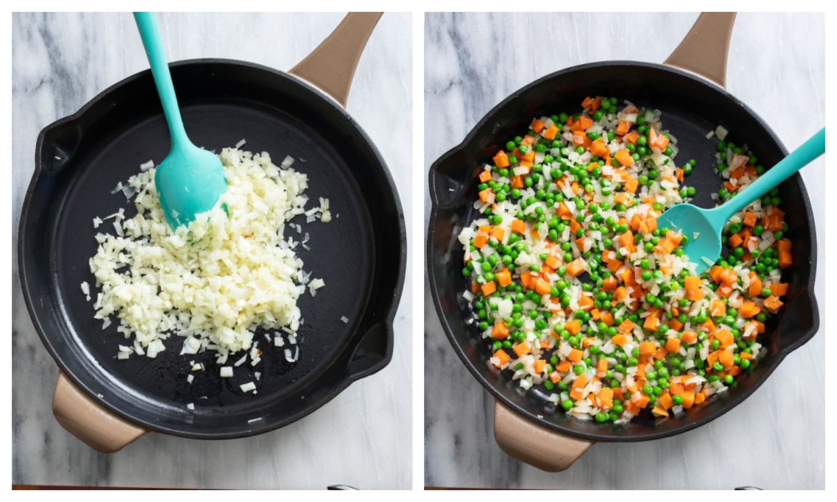 A skillet of diced onions being cooked next to a skillet of onions, garlic, peas, and carrots being cooked.