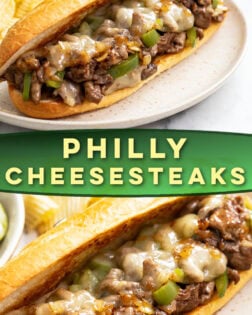 A collage of Philly Cheesesteaks on a plate with melted cheese and peppers.