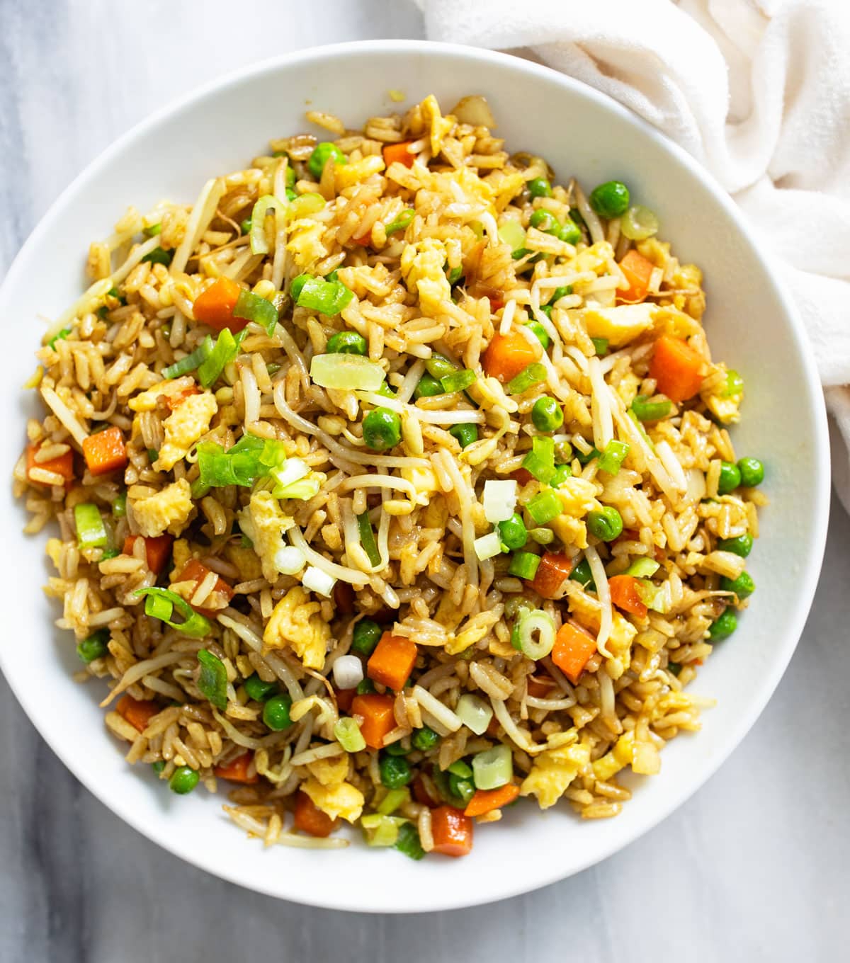 Vegetable Fried Rice in a white bowl with peas, carrots, sprouts, and green onions.