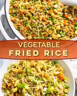 A collage of Vegetable Fried Rice in a skillet and in a white bowl.