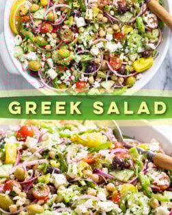 Collage of Greek Salad in a white bowl with a label in the middle.