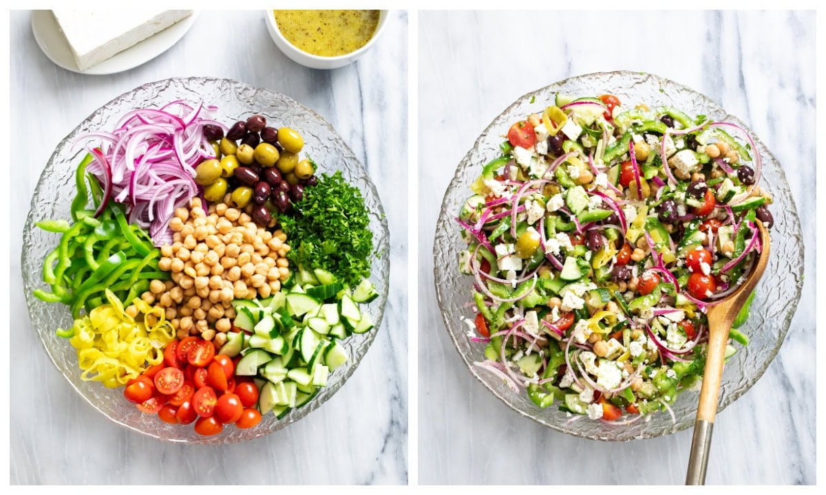 Overhead view of Greek Salad in a glass bowl before and after being mixed together.