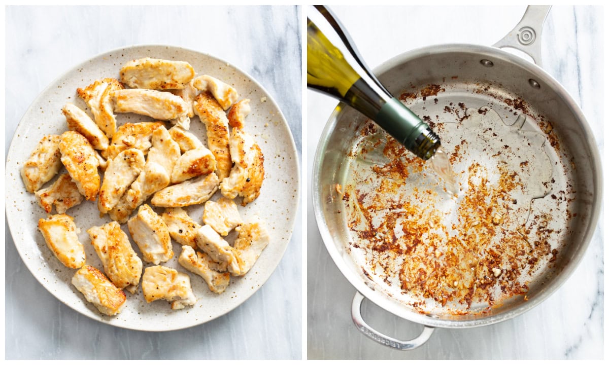 A plate of cooked chicken slices next to a skillet being deglazed with white wine.