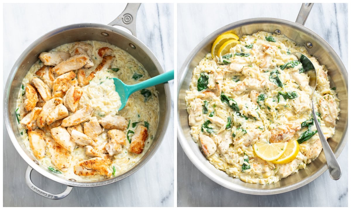 Adding chicken to orzo and spinach to make Lemon Chicken Orzo.