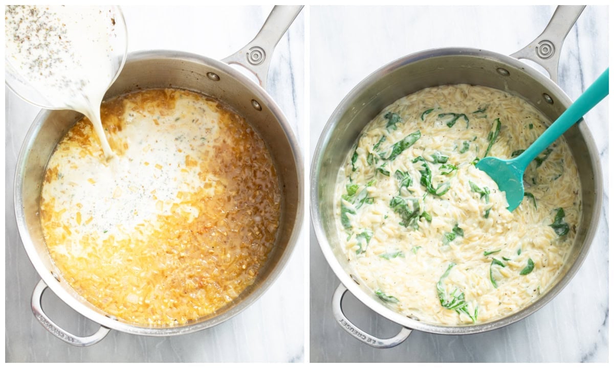 Adding a cream sauce to onions, garlic, and wine to make Lemon Chicken Orzo.
