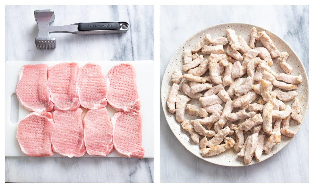 A cutting board with tenderized boneless pork chops next to sliced/cooked pork chops for stir fry.
