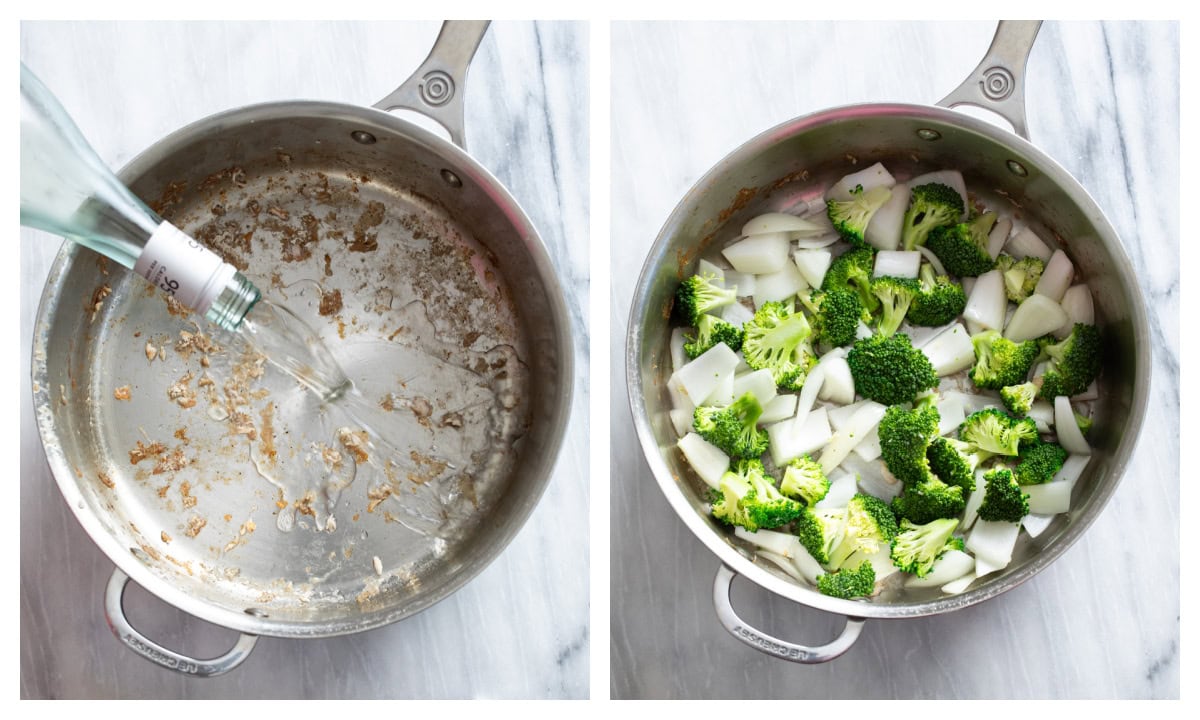 A skillet being deglazed with white wine next to a skillet with onions and broccoli.