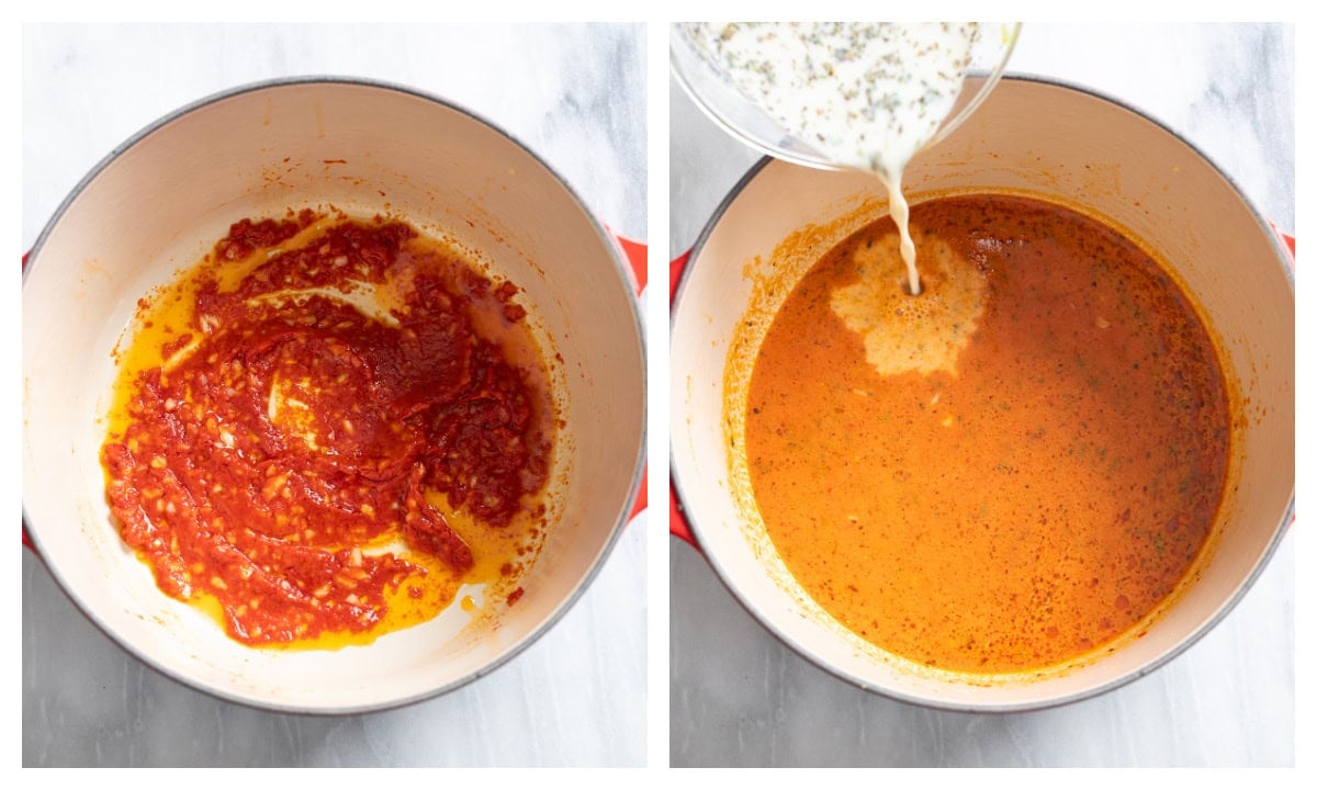 A pot with garlic, butter, and tomato paste next to a pot with sauce being added to it.