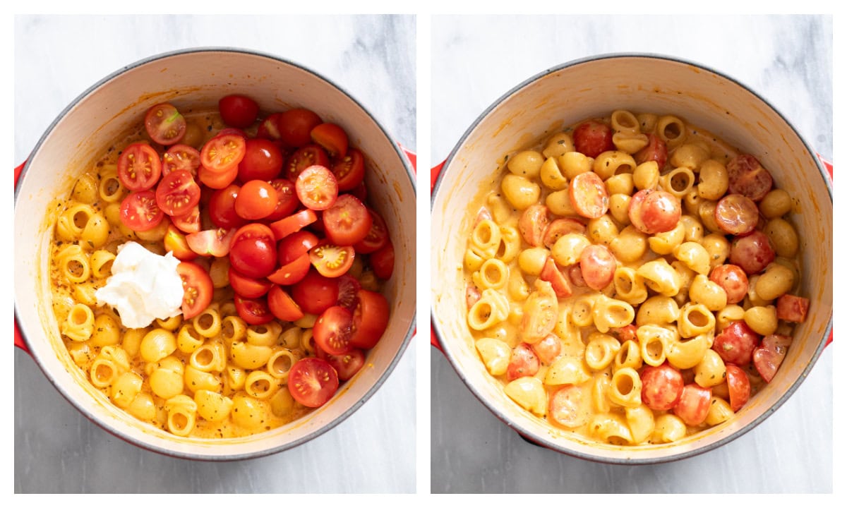 A pot with pasta, cherry tomatoes, cream cheese, and sauce before and after being mixed together.