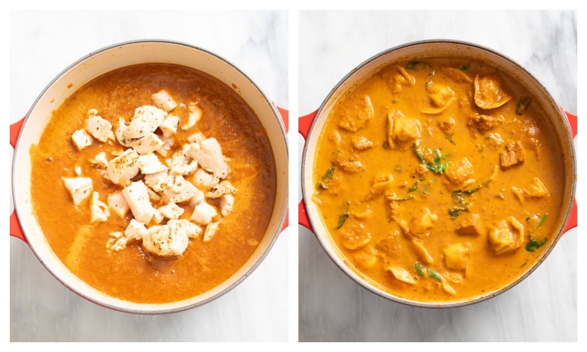 Adding chicken, tortellini and spinach to a bowl of Marry Me Chicken Soup.