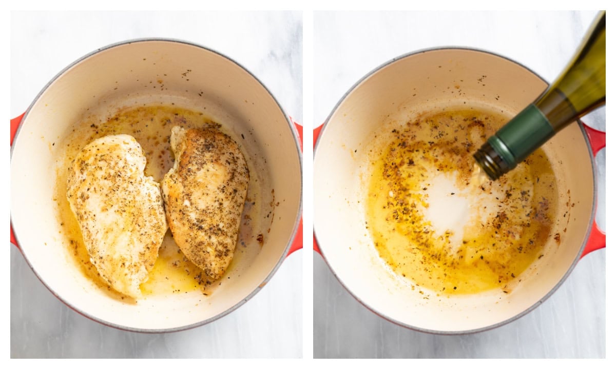 Seared chicken in a soup pot next to a soup pot being deglazed with white wine.