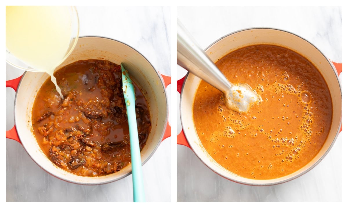 A soup pot of sundried tomatoes with broth being added next to a pot being blended with an immersion blender.