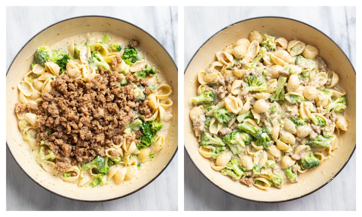 Two pots next to each other showing ingredients being added to make Sausage and Broccoli Pasta.
