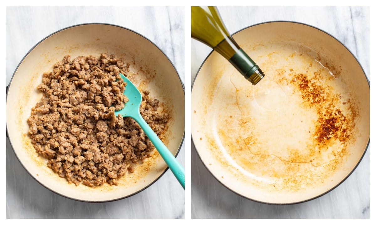 A skillet of cooked ground sausage next to a skillet being deglazed with white wine.