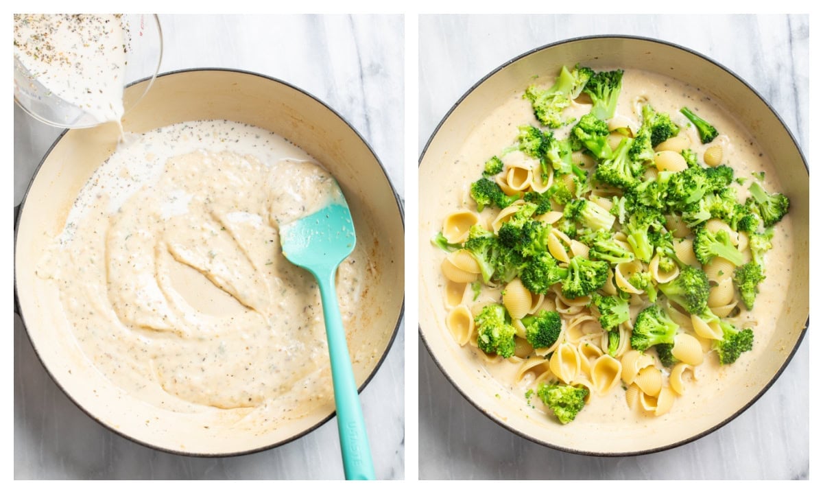 A skillet with a creamy sauce being made next to a skillet with cooked pasta and broccoli being added to the sauce.