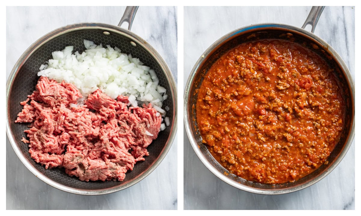 A skillet of uncooked ground beef and onions next to a skillet of meat sauce.
