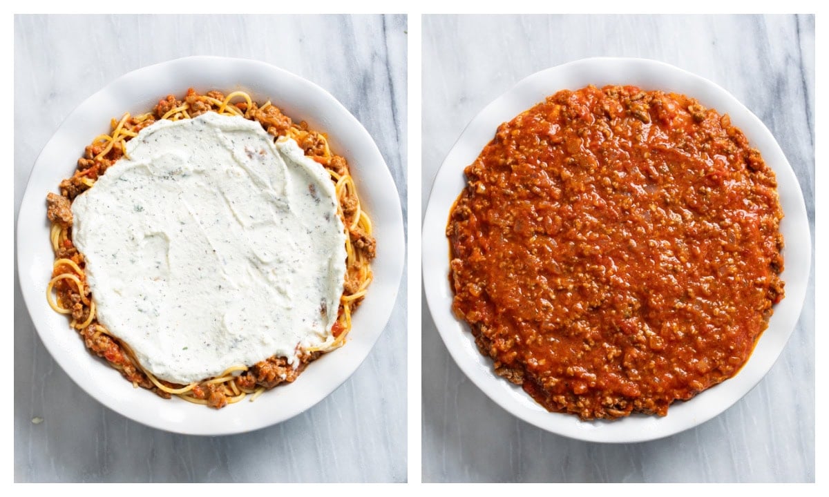 A layer of herb ricotta cheese topped with a layer of meat sauce in a pie dish with spagehtti.