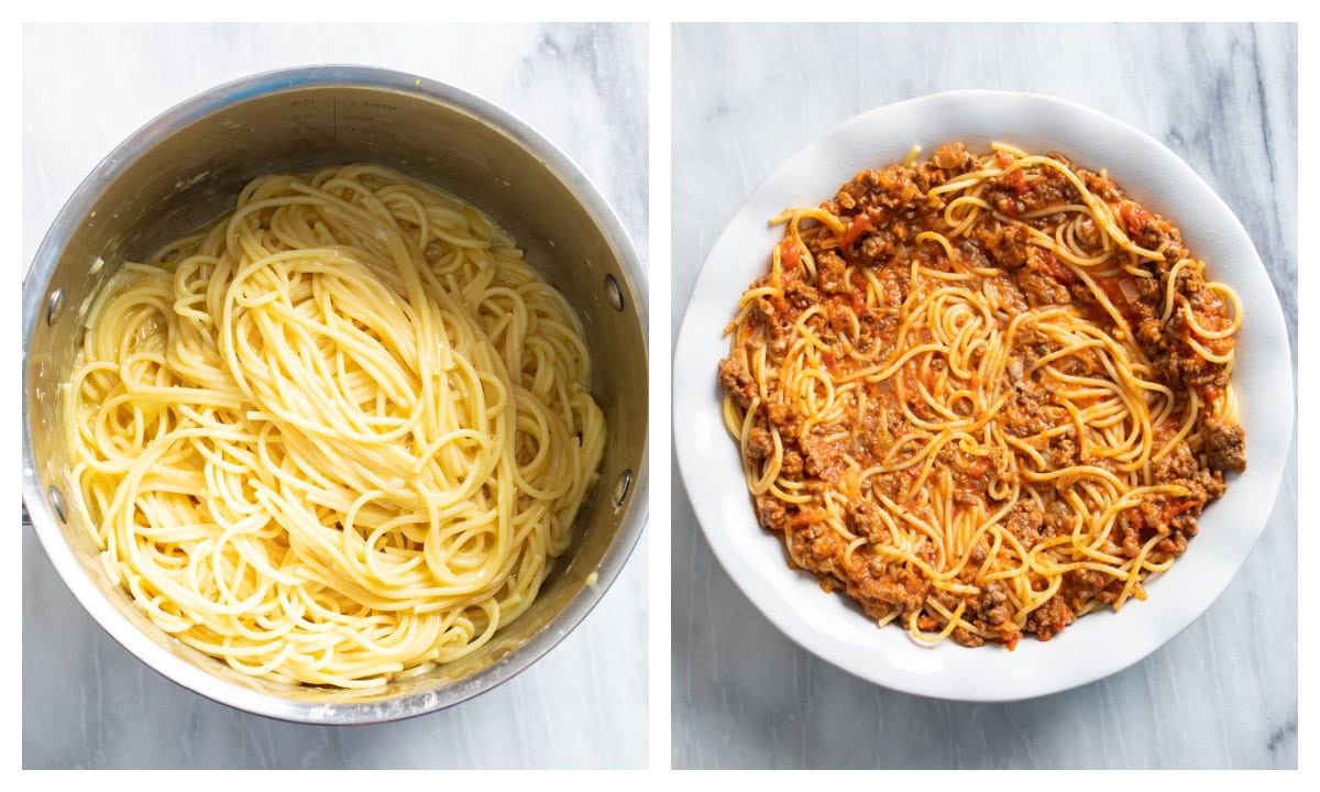 A pot with cooked spaghetti with butter, parmesan, and whisked eggs next to a pie pan with spaghetti in meat sauce.