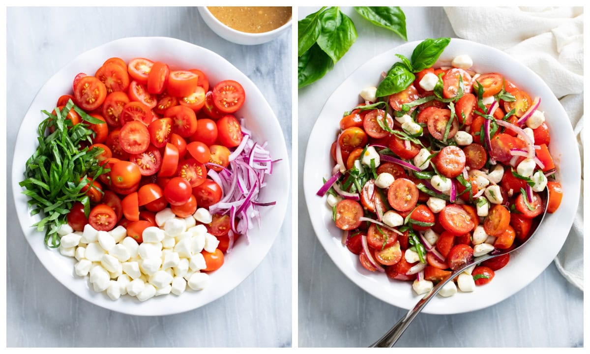 A bowl of Tomato Salad before being combined next to a combined Tomato Salad with basil, mozzarella, onions, and dressing.