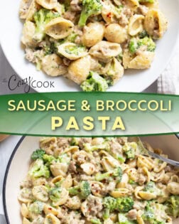 A collage of Sausage and Broccoli Pasta in a white bowl and in a skillet.