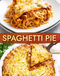 A collage of Spaghetti Pie on a plate and in a pie dish.