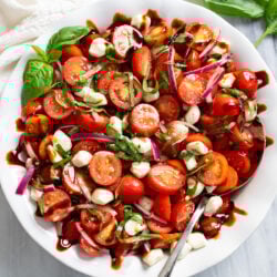 Tomato Salad in a white bowl with mozzarella pearls, fresh basil, red onions, and homemade balsamic dressing.