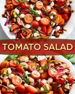A collage of Tomato Salad in a white bowl with fresh mozzarella, basil, onions, and balsamic dressing and glaze.