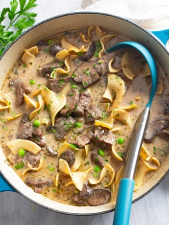 Beef Stroganoff Soup in a blue soup pot with noodles, beef, mushrooms, peas, and a ladle on the side.