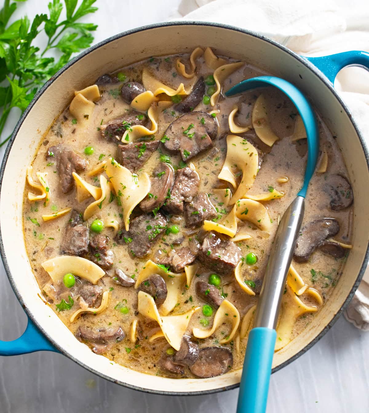 Beef Stroganoff Soup in a blue soup pot with noodles, beef, mushrooms, peas, and a ladle on the side.