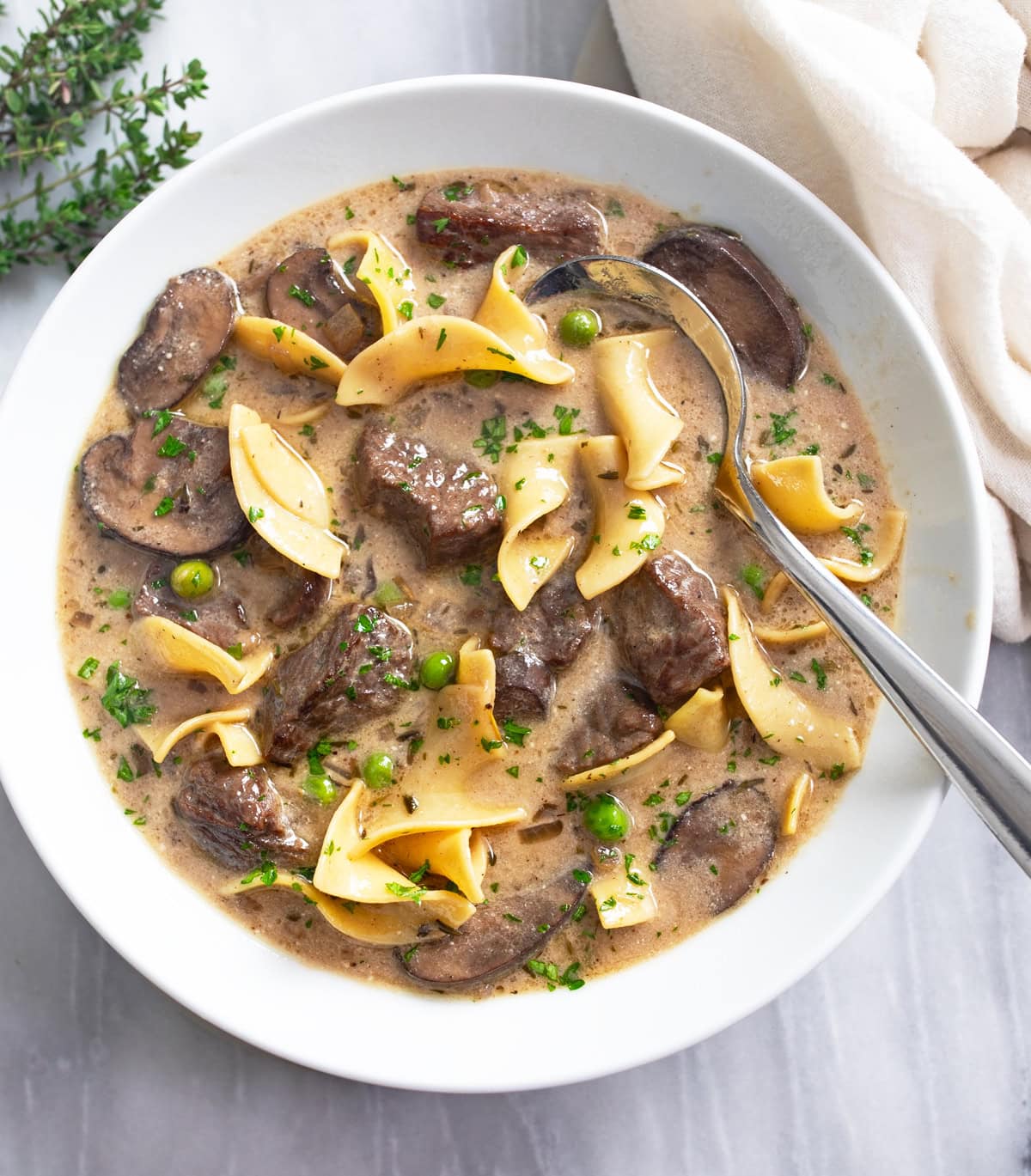 Beef Stroganoff Soup in a white bowl with egg noodles, beef, mushrooms, and peas.