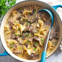 Beef Stroganoff Soup in a soup pot with beef, mushrooms, and egg noodles with parsley on top.