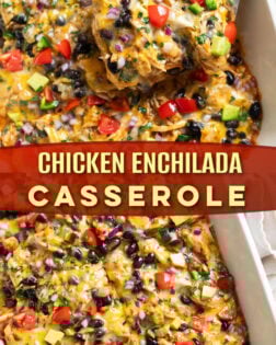 A collage of Chicken Enchilada Casserole in a casserole dish with colorful toppings.