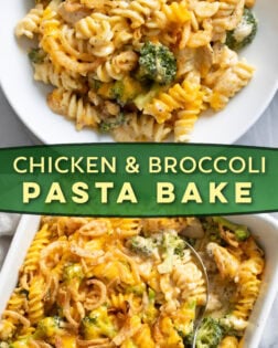 A collage of a Chicken and Broccoli Pasta Bake in a white bowl and in a casserole dish.