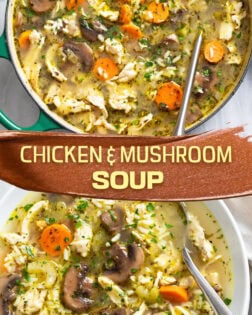 A collage of chicken and mushroom soup in a soup pot and in a white bowl.
