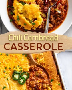 A collage of Chili Cornbread Casserole in a white bowl and in a baking dish with a spoon.