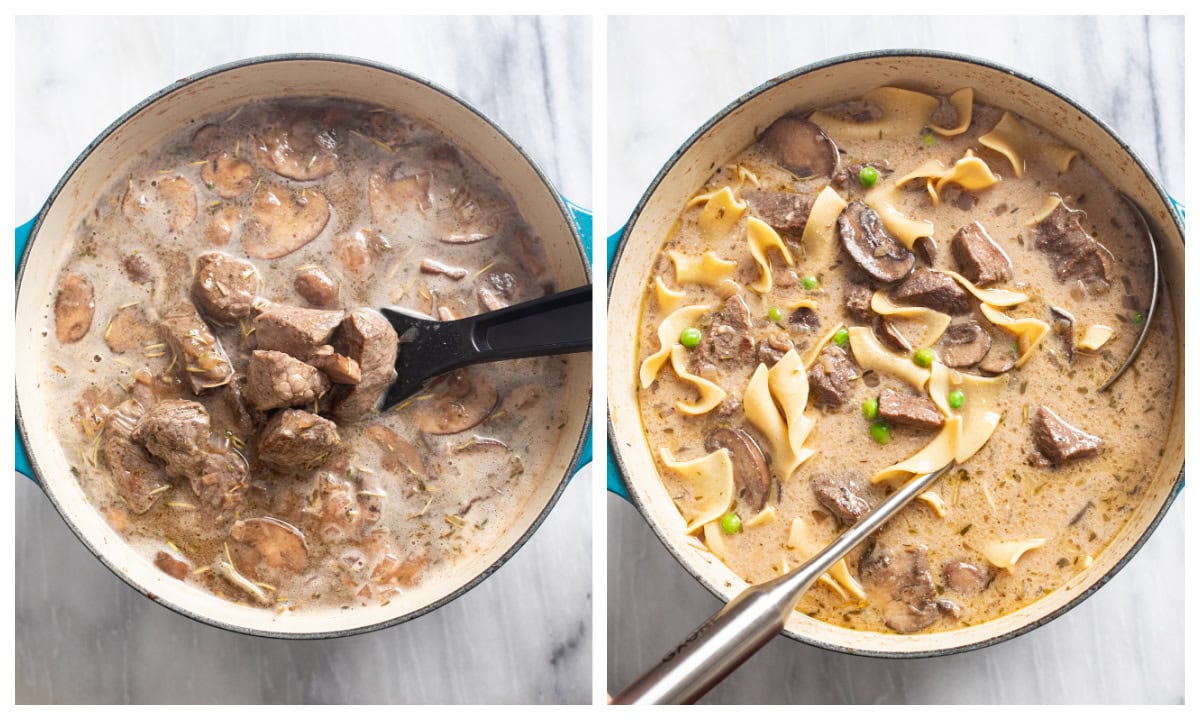 Beef being added to a pot of broth to make Beef Stroganoff Soup.